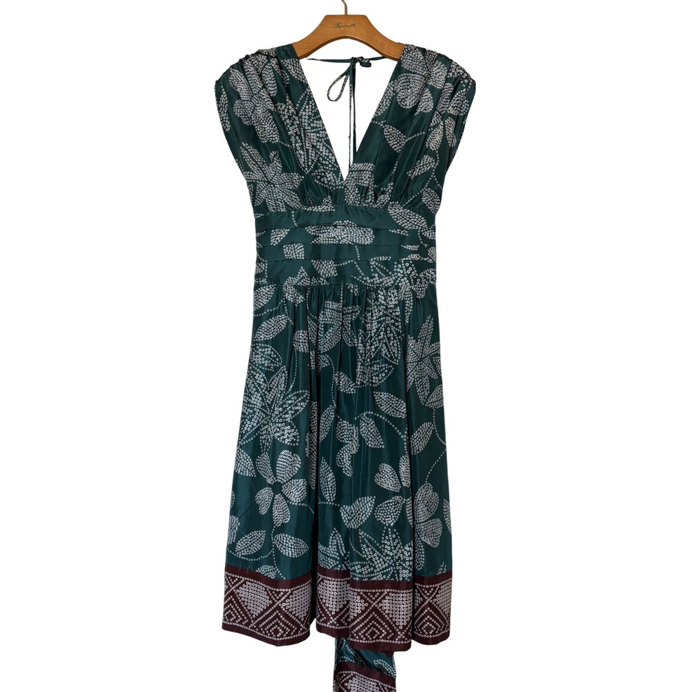 BCBGMAXAZRIA Women Floral Tie Back V Neck Cap Sleeve Midi Knee Length Dress SZ 0